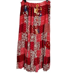 Vintage Y2K Red Patchwork Boho Maxi Skirt‎ Hippie Festival Cottagecore Free Size